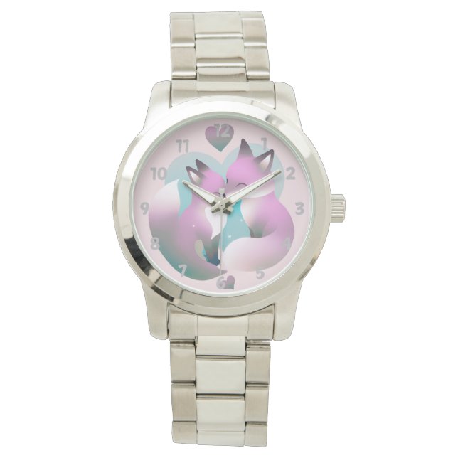 Pink And Grey Cute Foxes Kissing Valentine Watch (Front)