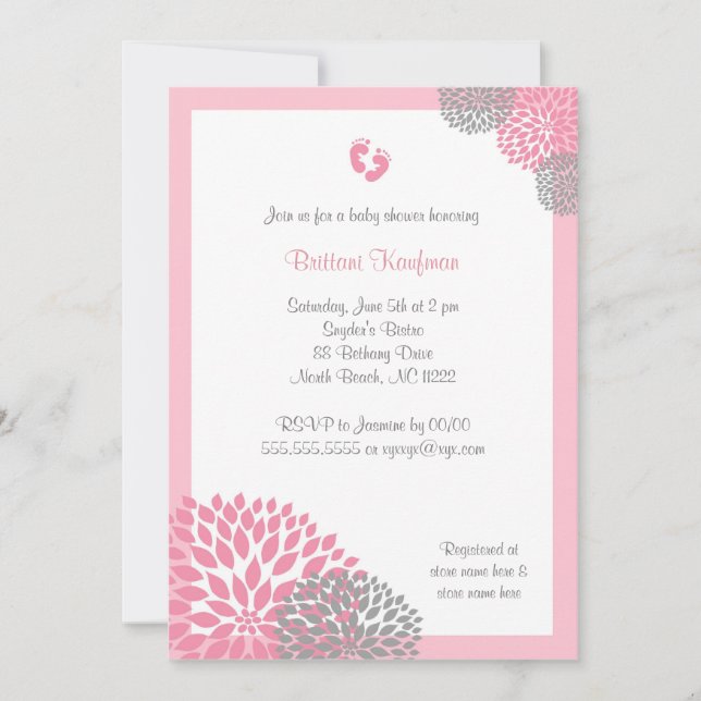 Pink and Grey Dahlia Baby Shower Invite with feet (Front)