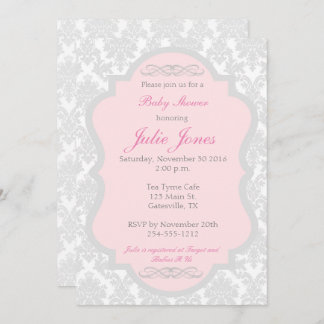 Pink and Grey Damask Baby Shower Invitation