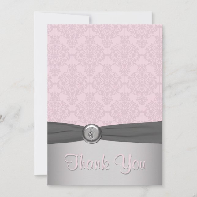 Pink and Grey Damask, Ballet Thank You Card (Front)