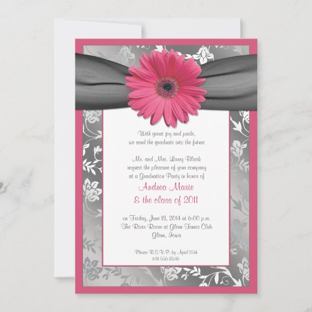 Pink and Grey Damask Graduation Invitation (Front)