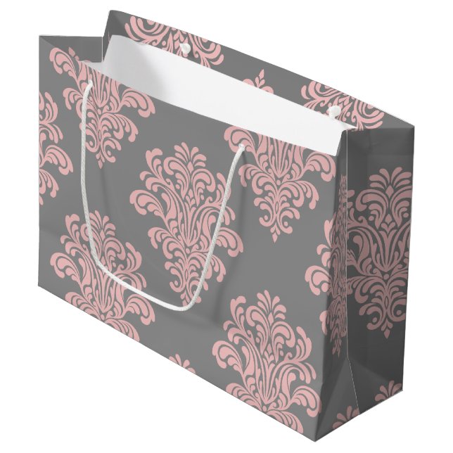 Pink and Grey Damask Pattern Large Gift Bag (Front Angled)