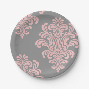Pink and Grey Damask Pattern Paper Plate