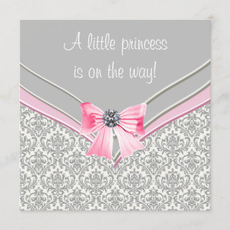 Pink and Grey Damask Pink Bow Princess Baby Shower Invitation