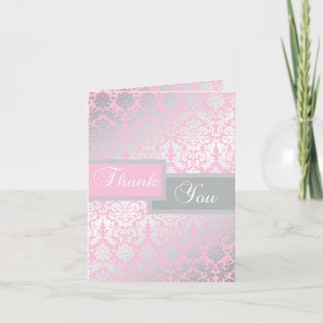 Pink and Grey Damask Thank You Card (Front)