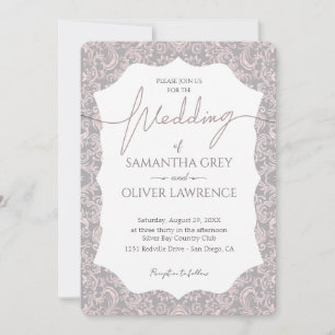 Pink and Grey Damask Wedding Invitation