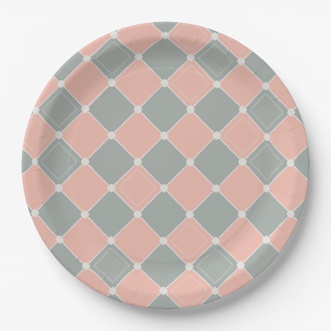 Pink and Grey Diamond Check Pattern Paper Plate (Front)
