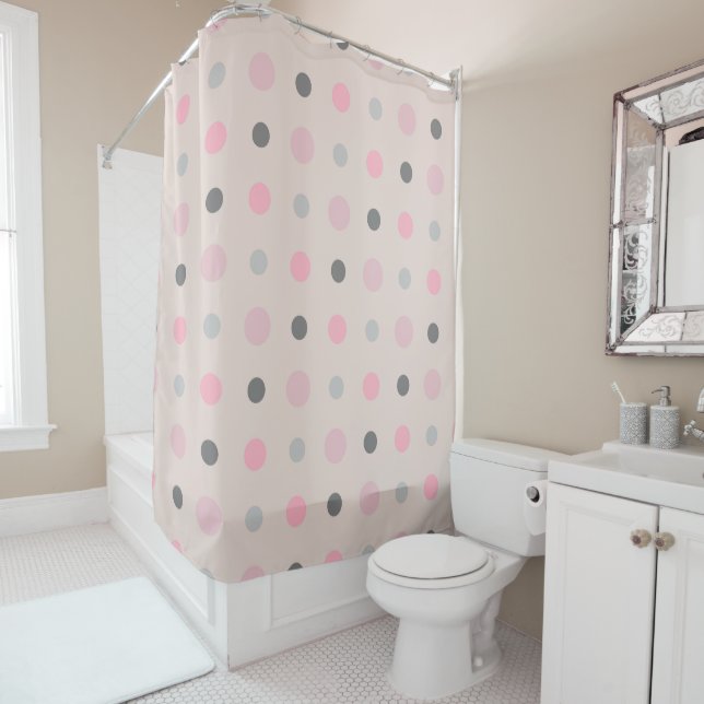 Pink and Grey Dots Shower Curtain (In Situ)