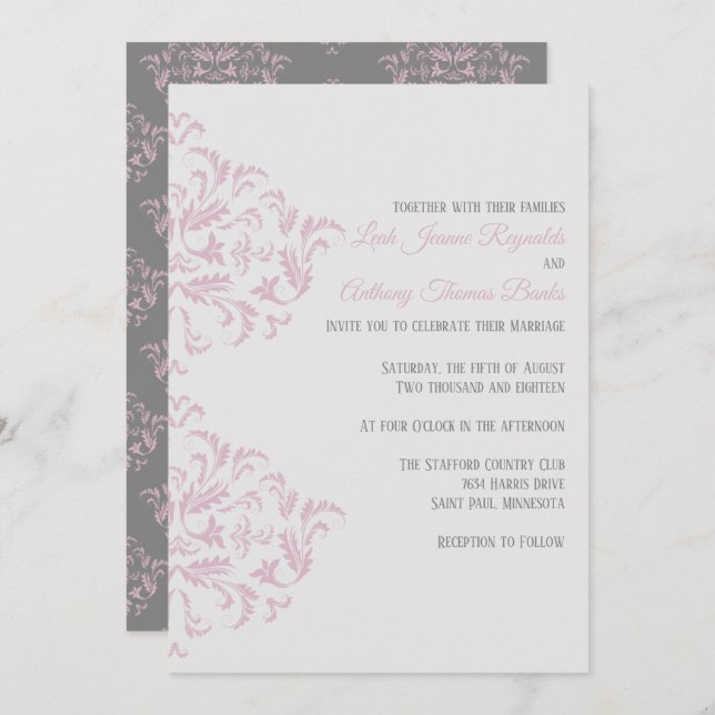 Pink and Grey Elegant Damask Invitation (Front/Back)