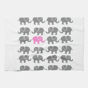Pink and Grey Elephant Art Tea Towel