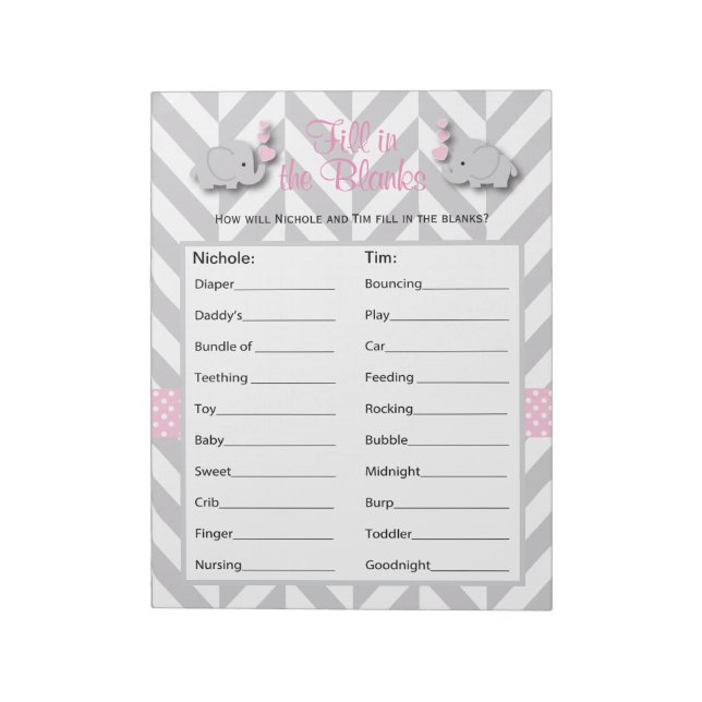 Pink and Grey Elephant Baby Shower Game - Custom Notepad (Rotated)
