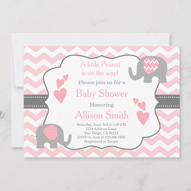 Pink and Grey Elephant Baby Shower Invitation (Front)