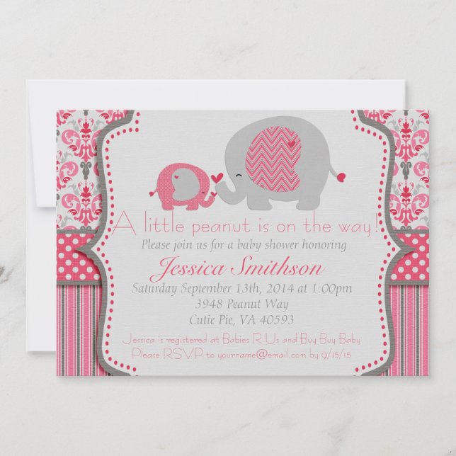 Pink and Grey Elephant Baby Shower Invitation (Front)