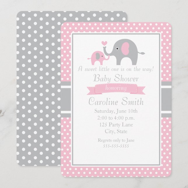 Pink and Grey Elephant Baby Shower Invitation (Front/Back)