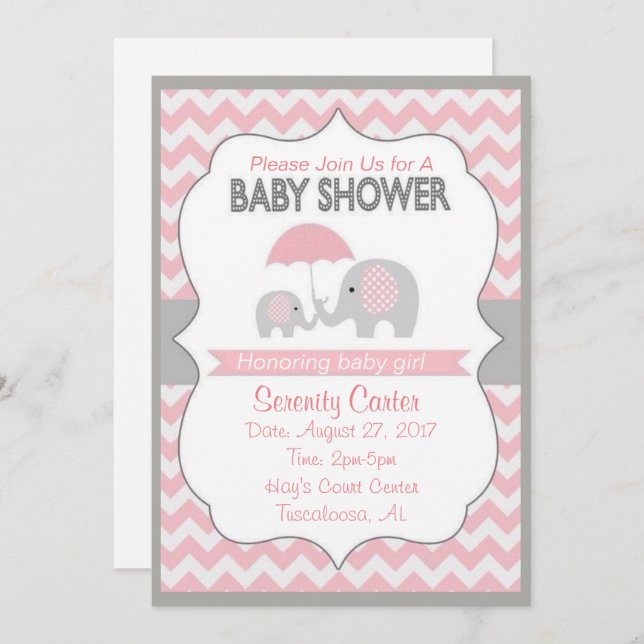 Pink and Grey Elephant Baby shower Invitations (Front/Back)