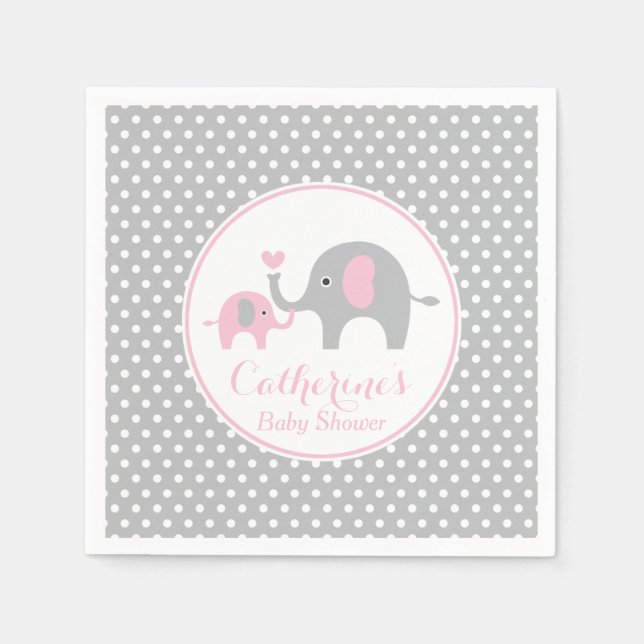 Pink and Grey Elephant Baby Shower Paper Napkin (Front)