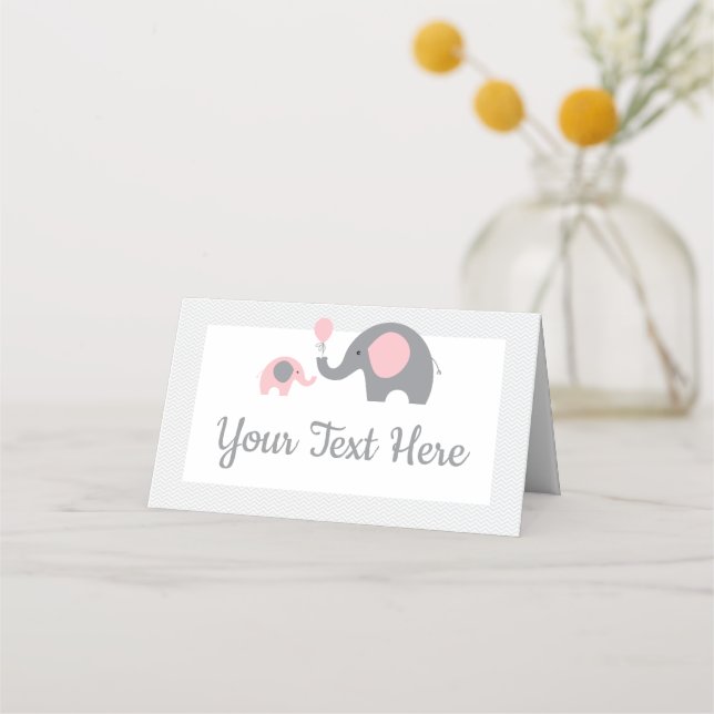 Pink and Grey Elephant Baby Shower Tent Cards (Front)