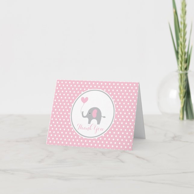 Pink and Grey Elephant Birthday Thank You Note Card (Front)