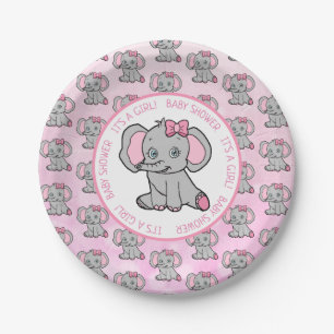 Pink and Grey Elephant Themed Baby Shower Paper Plate