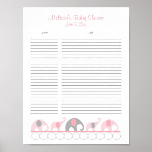 Pink and Grey Elephants Baby Shower Gift List Poster
