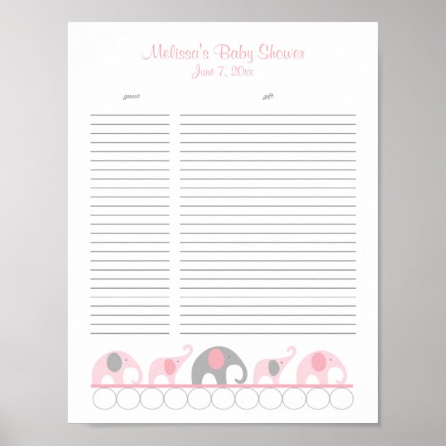 Pink and Grey Elephants Baby Shower Gift List Poster (Front)