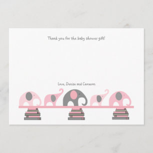 Pink and Grey elephants book baby shower thank you