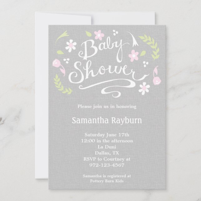 Pink and Grey Floral Baby Shower Invitation (Front)