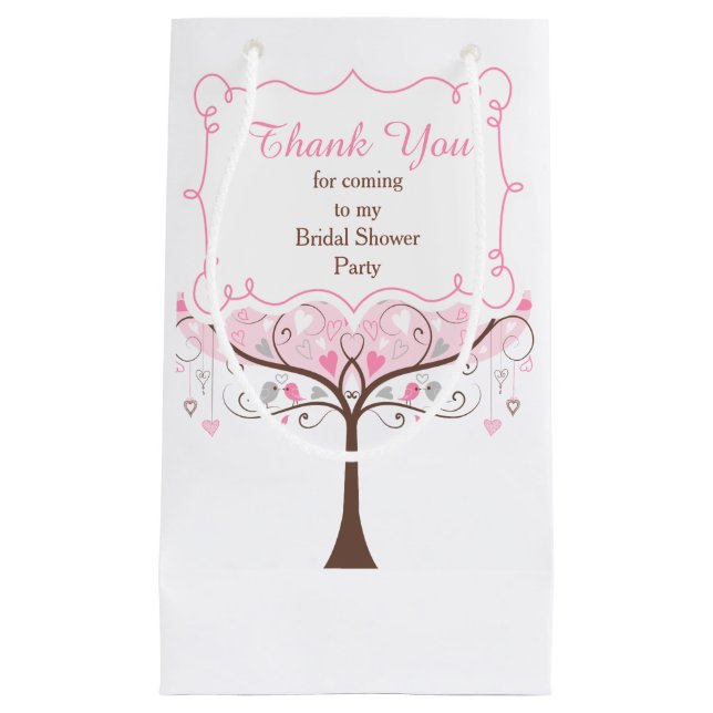 Pink and Grey Floral Bird Bridal Shower Thank You Small Gift Bag (Front)