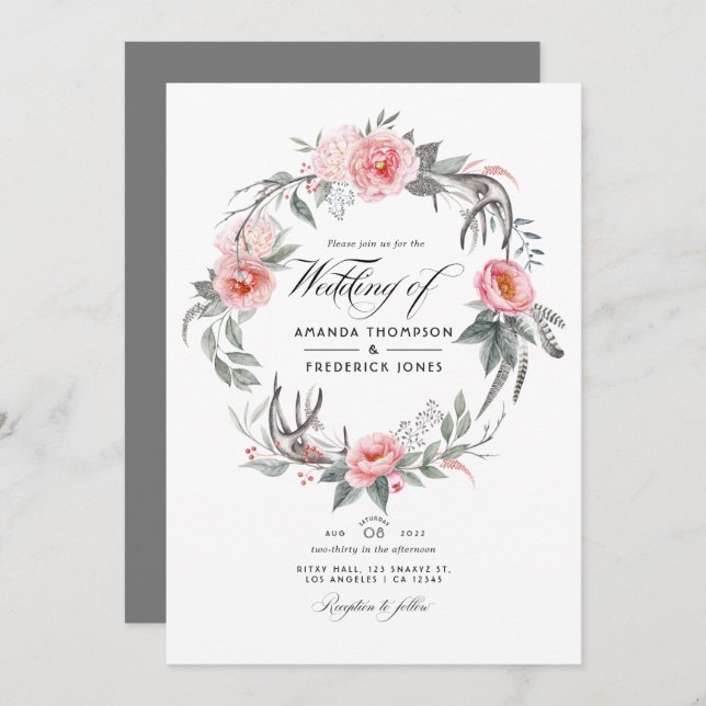 Pink and Grey Floral Bohemian Wedding Invitation (Front/Back)
