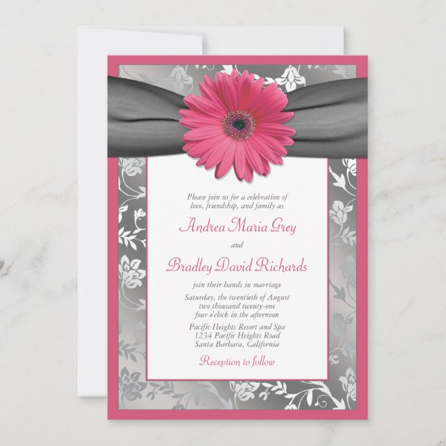 Pink and Grey Floral Damask Wedding Invitation (Front)