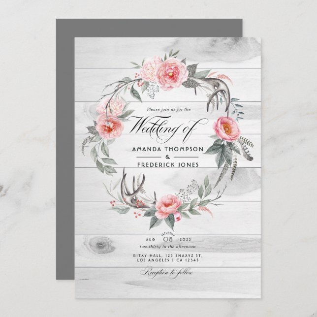 Pink and Grey Floral QR Code RSVP Bohemian Wedding Invitation (Front/Back)