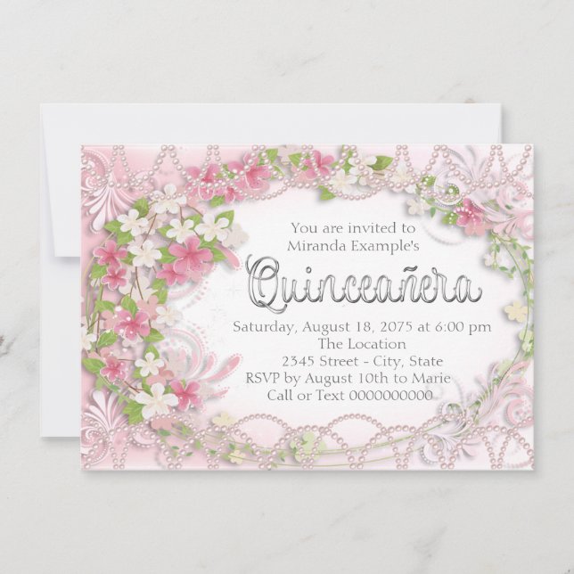 Pink and Grey Floral Quinceañera Invitation (Front)