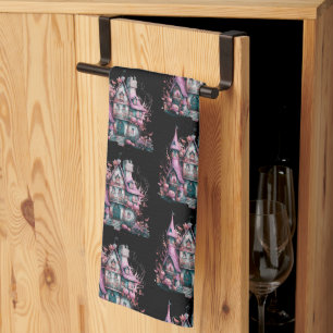 Pink and Grey Haunted House Pattern Halloween Tea Towel
