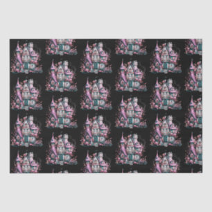 Pink and Grey Haunted House Pattern Halloween Tissue Paper