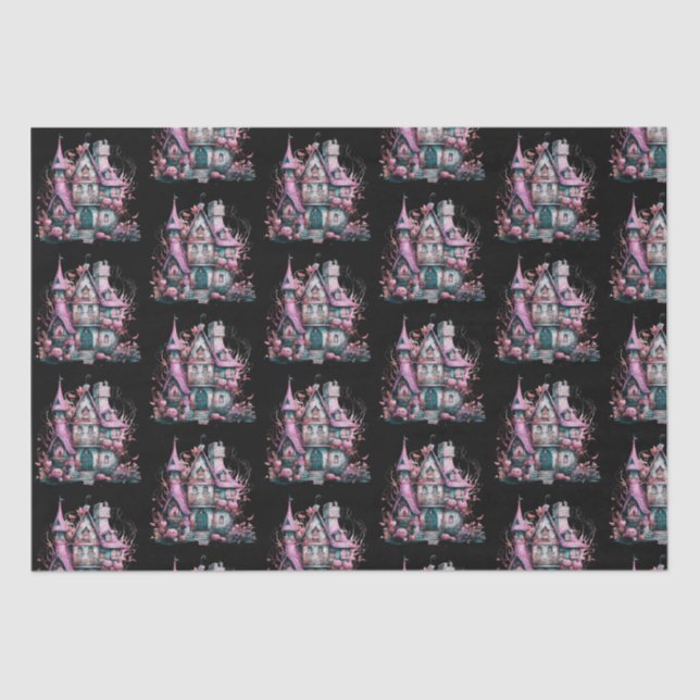 Pink and Grey Haunted House Pattern Halloween Tissue Paper (Front)