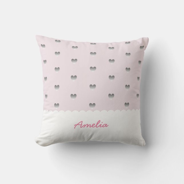 Pink and Grey Heart Pattern Scallop Cloud Monogram Cushion (Front)
