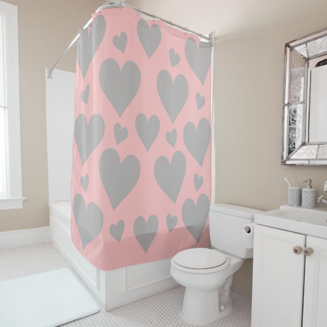 Pink and Grey Hearts shower curtain (In Situ)