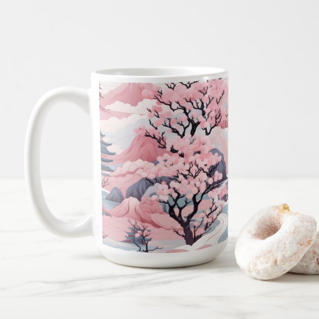 Pink and Grey Japanese Scenery Mug (With Donut)