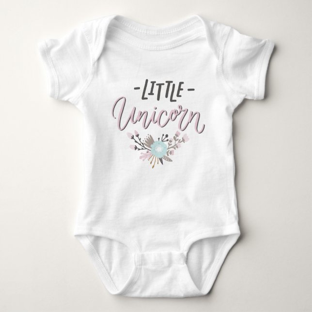 Pink and Grey Little Unicorn Hand Lettered Floral Baby Bodysuit (Front)