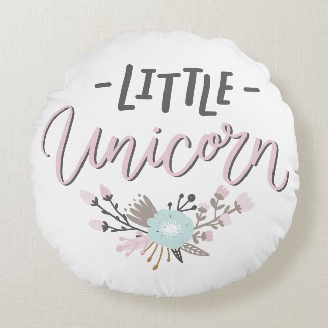 Pink and Grey Little Unicorn Hand Lettered Floral Round Cushion (Front)