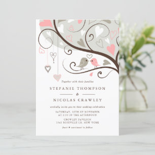 Pink and Grey Lovebirds Wedding Invitation