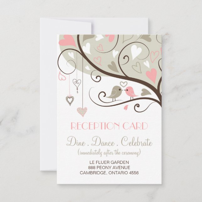Pink and Grey Lovebirds Wedding Reception Card (Front)