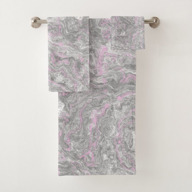 Pink and Grey Marble abstract Bath Towel Set (Insitu)