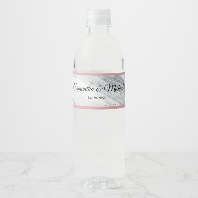 Pink and Grey Marble Elegant Wedding Water Bottle Label (Front)
