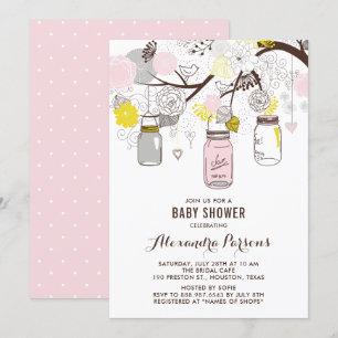 Pink and Grey Mason Jars and Flowers Baby Shower Invitation