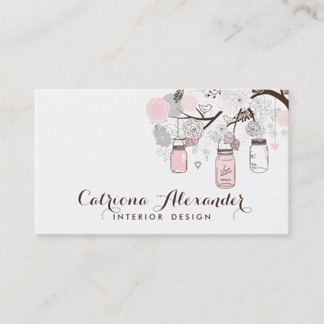 Pink and Grey Mason Jars Business Card (Front)