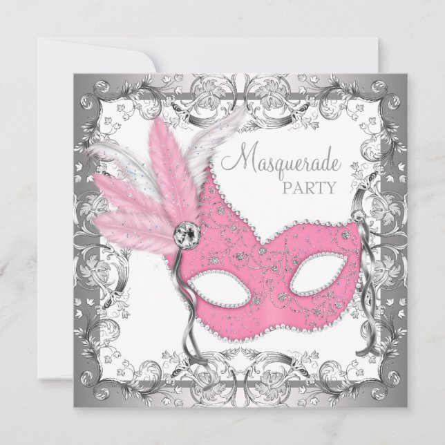 Pink and Grey Masquerade Party Invitation (Front)