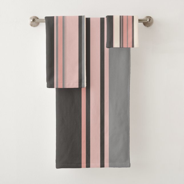 Pink and Grey Mid-century Modern Stripes  Bath Towel Set (Insitu)