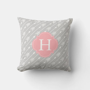 Pink and Grey Monogrammed Arrows Pattern Cushion
