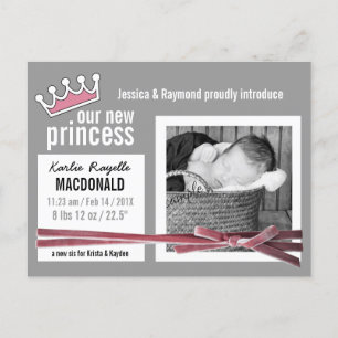 Pink and Grey New Baby Girl with Photo Announcement Postcard